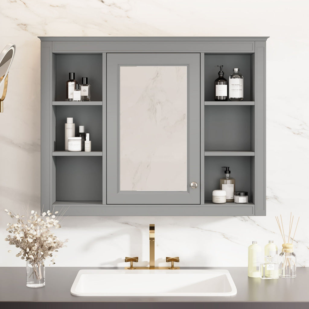 Wall Mounted Medicine Cabinet with Mirror and 6 Open Shelves - Multiple Colors
