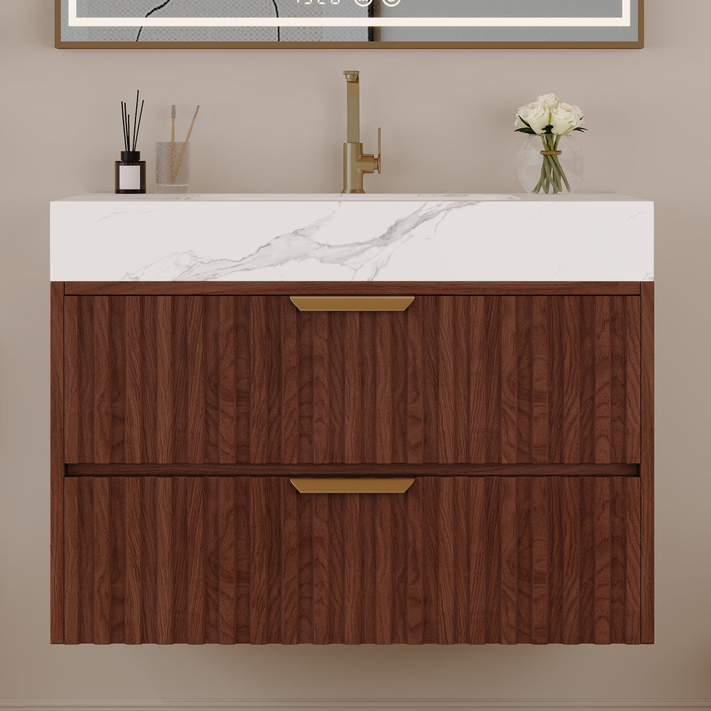 30" Modern Floating Bathroom Vanity with Seamless Sintered Stone Top - Walnut, White or Brown, Walnut