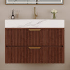 30" Modern Floating Bathroom Vanity with Seamless Sintered Stone Top - Walnut, White or Brown, Walnut