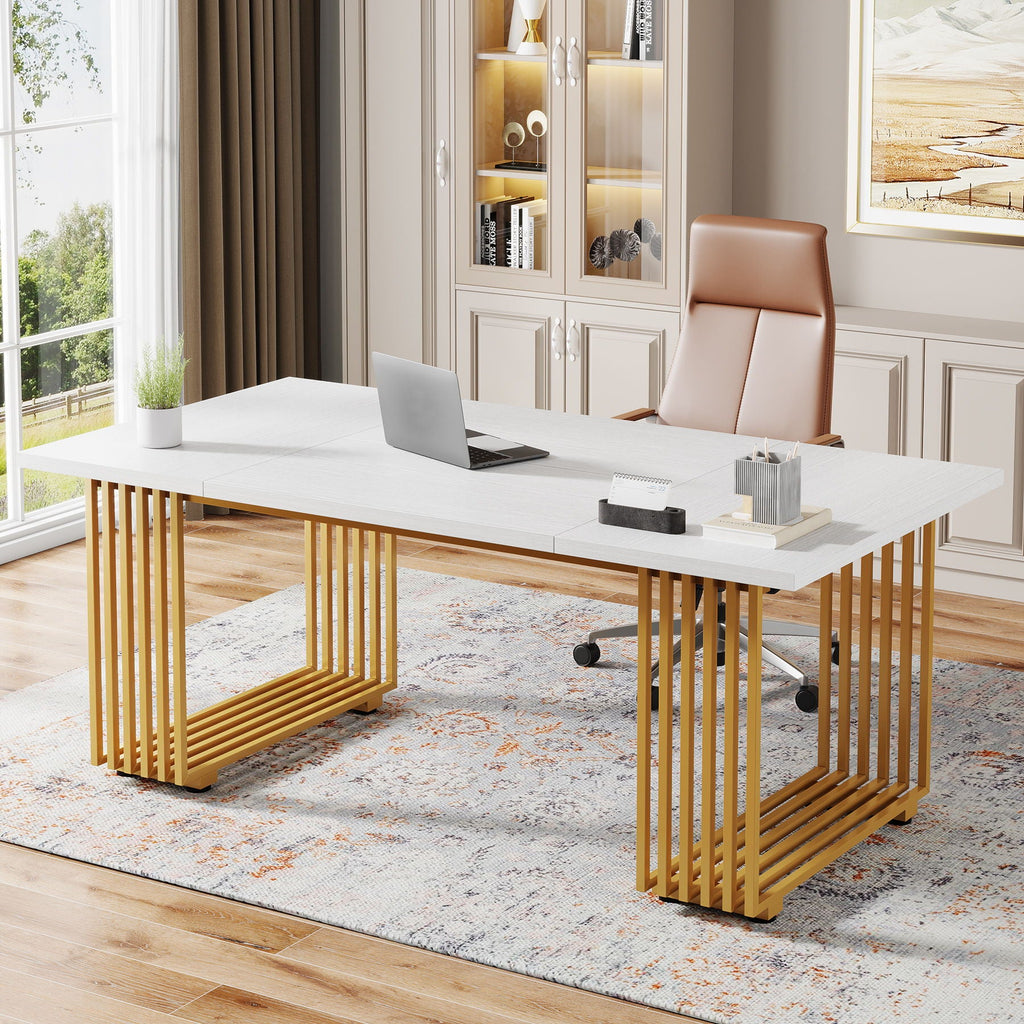 White Executive Desk with Gold Metal Legs - 70.87" Wide