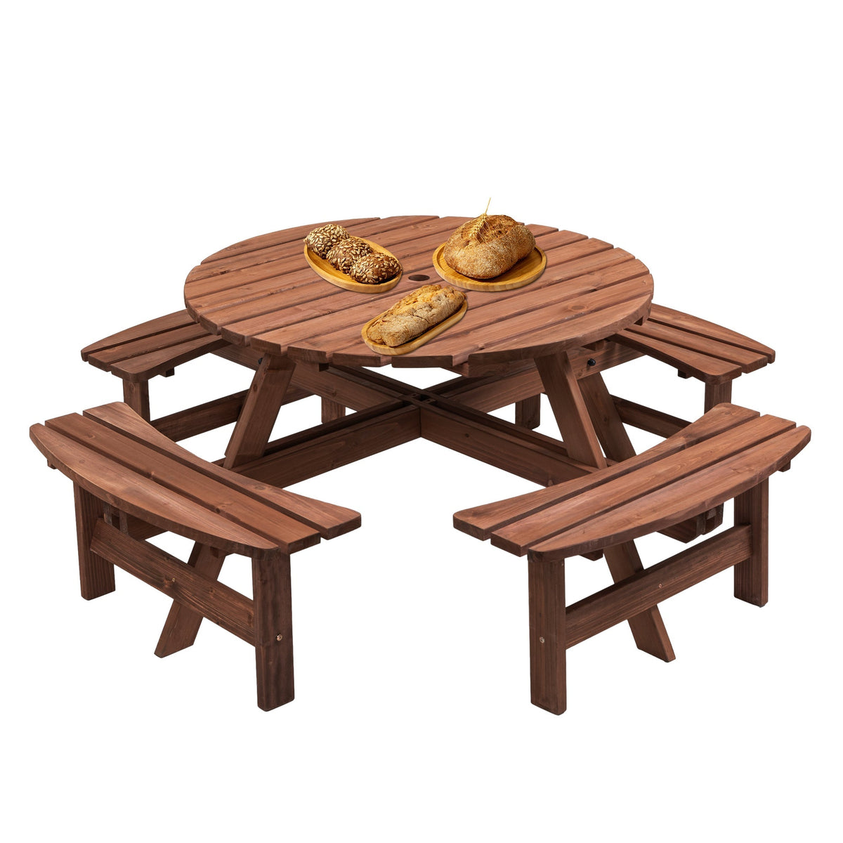 8 Person Wooden Picnic Table with Umbrella Hole - Brown