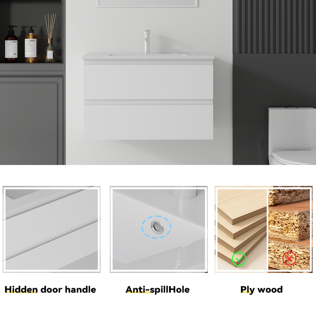 30 Inch Floating Bathroom Vanity with Soft-Close Drawer and Ceramic Sink - Multiple Colors