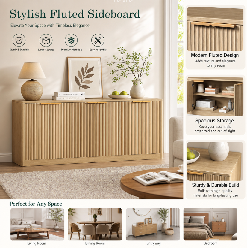 Natural Wood Sideboard Cabinet with Adjustable Storage – Farmhouse Buffet