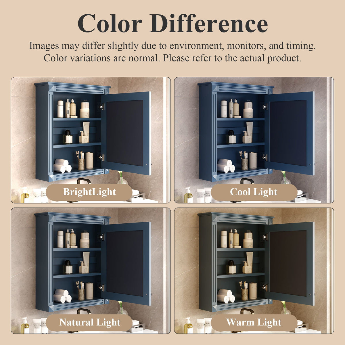 Wall Mounted Medicine Cabinet with Mirror and Adjustable Shelf - Dark Gray, White, Blue