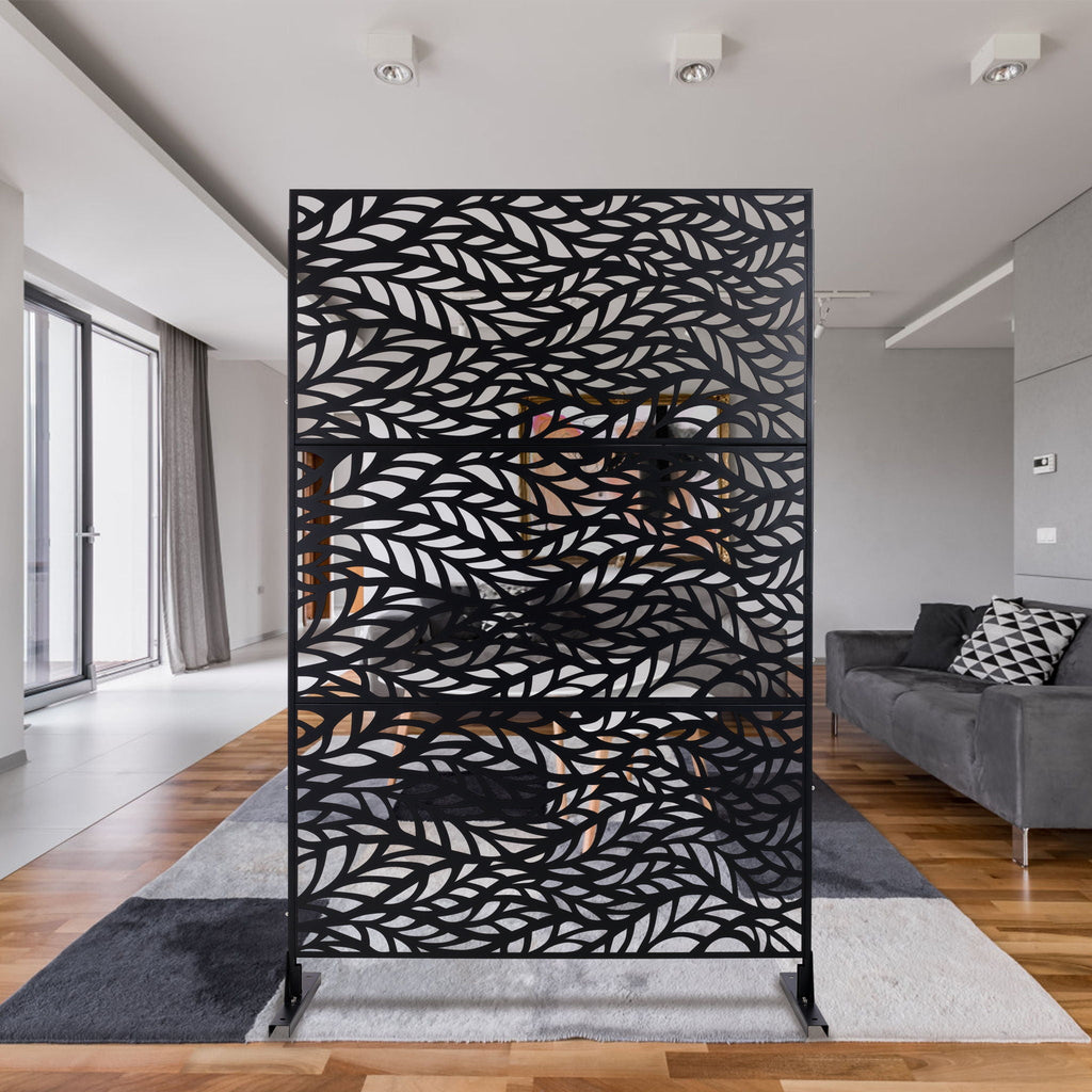 Metal Privacy Screen Room Divider with Freestanding Design - Black