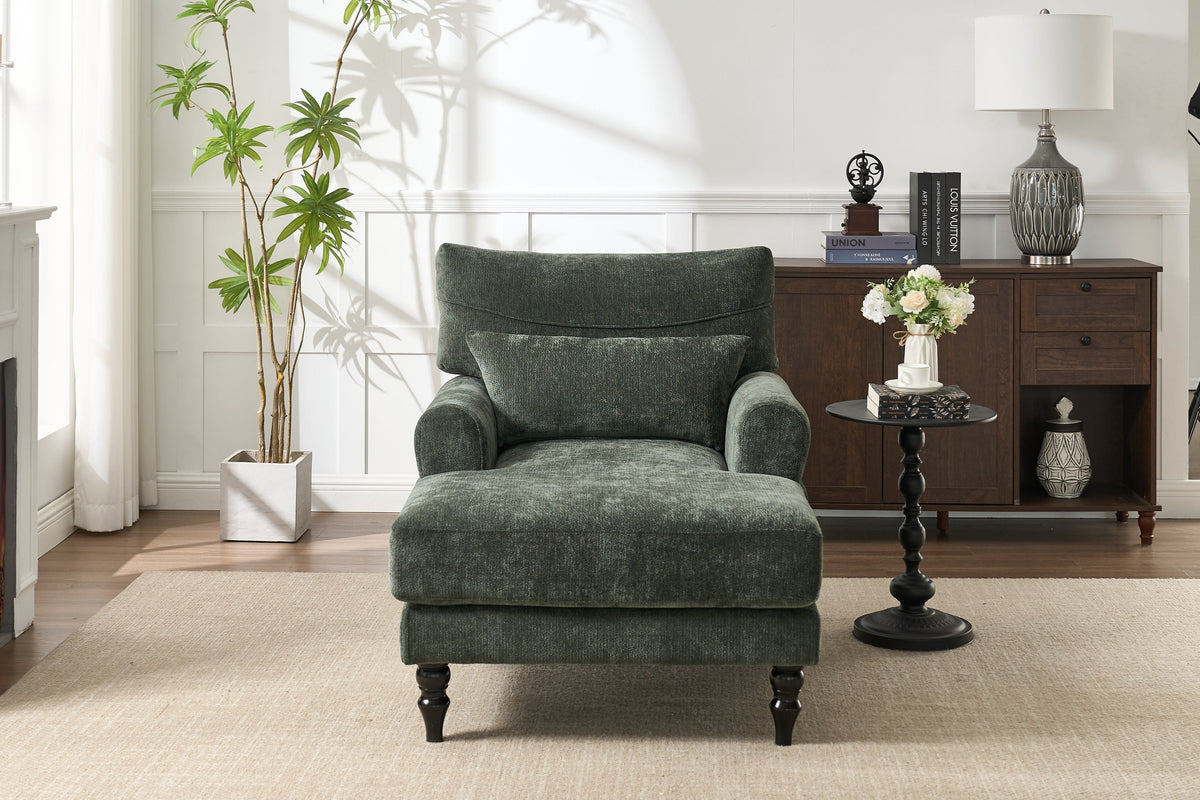 Modern Green Chaise Lounge Upholstered Sofa Recliner Chair with Solid Wood Frame