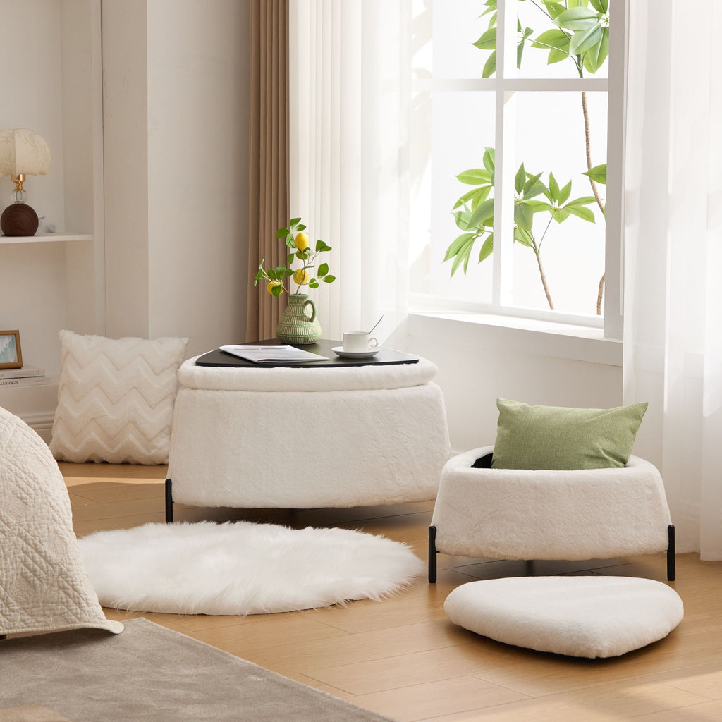 Upholstered Storage Ottoman Set with Reversible Lid - Fabric (Beige, Light Brown, Black)