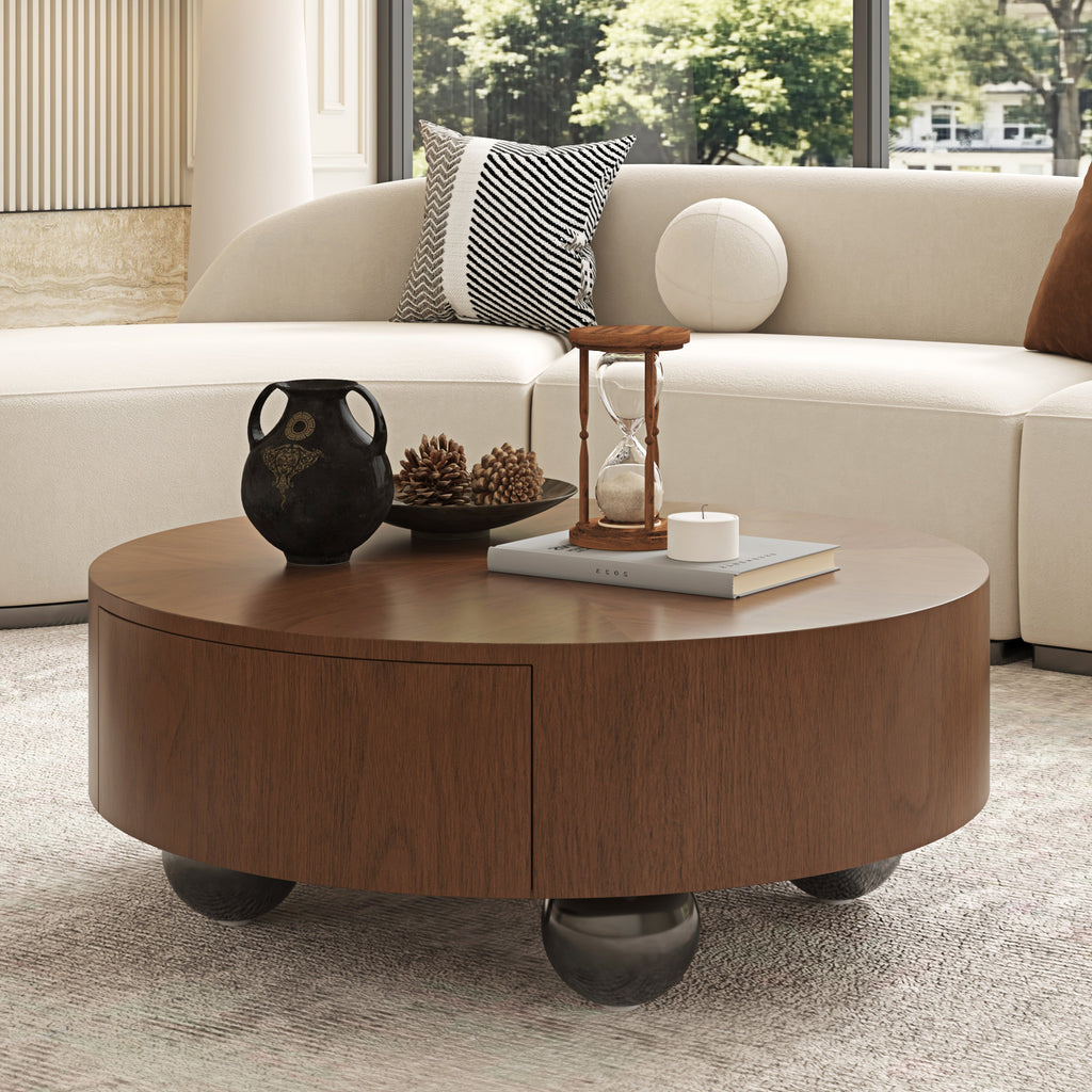 Drum Shaped Round Coffee Table with Solid Wood & MDF Construction - Natural