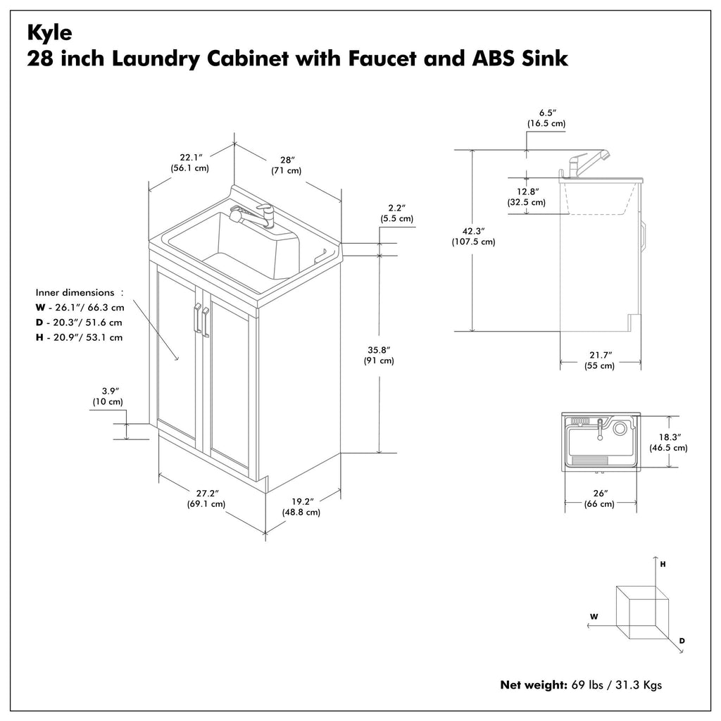 White Laundry Cabinet with Stainless Steel Sink and Pull-Out Faucet