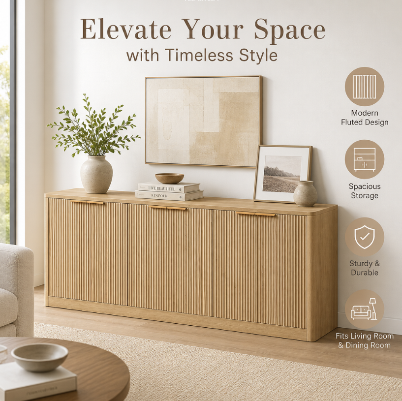 Natural Wood Sideboard Cabinet with Adjustable Storage – Farmhouse Buffet