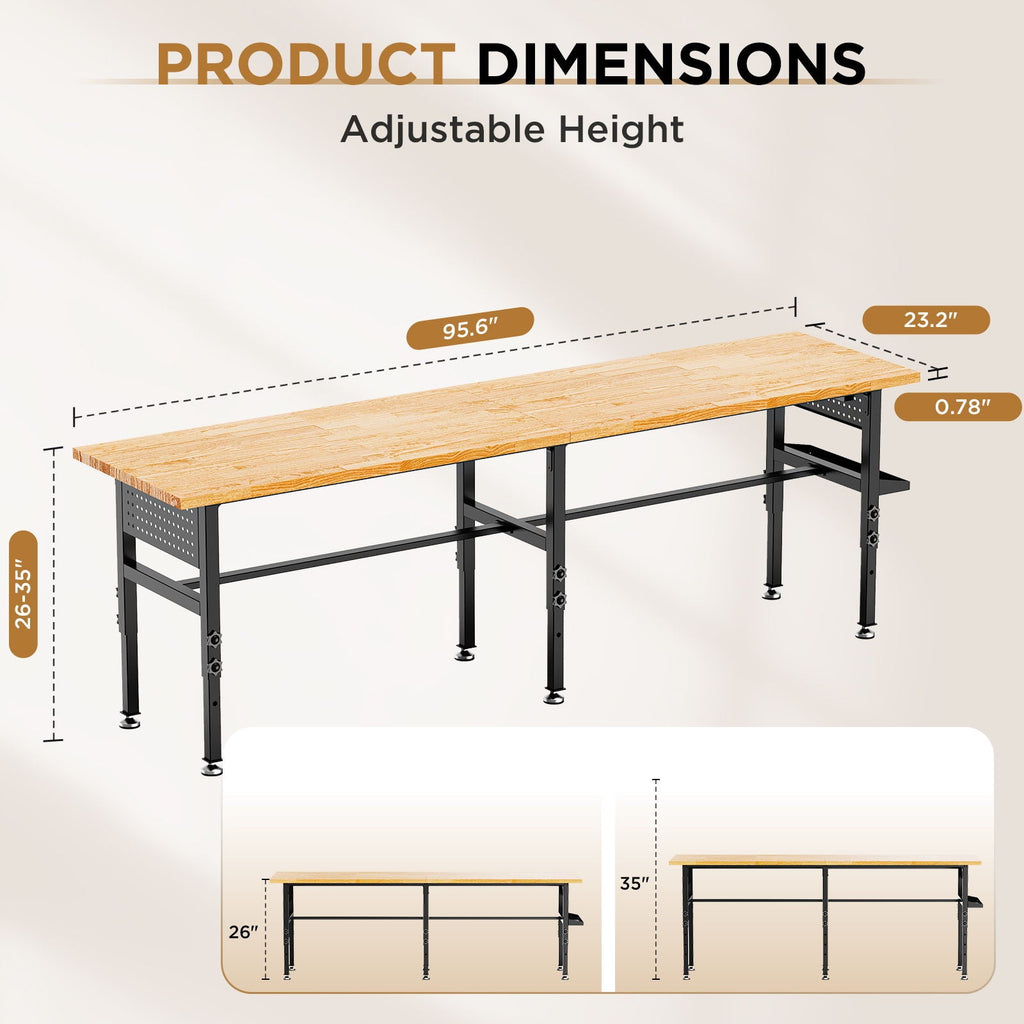 Adjustable Workbench with Pegboard and Power Outlet - Black