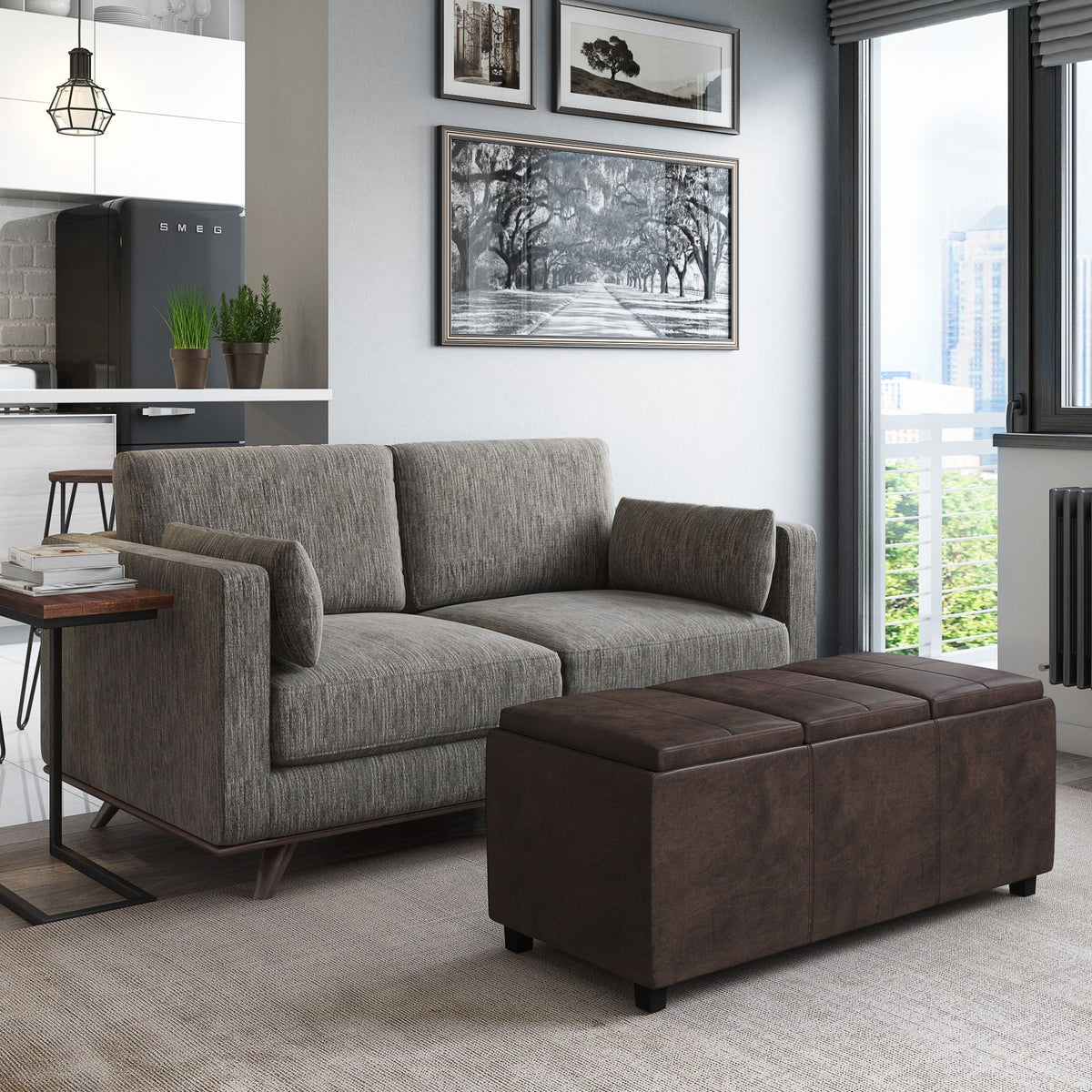 Distressed Brown Storage Ottoman with Interior Storage - Dark Brown