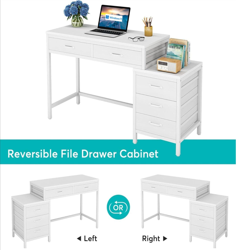 Computer Desk with Reversible 5 Drawer Storage - White or Light Brown