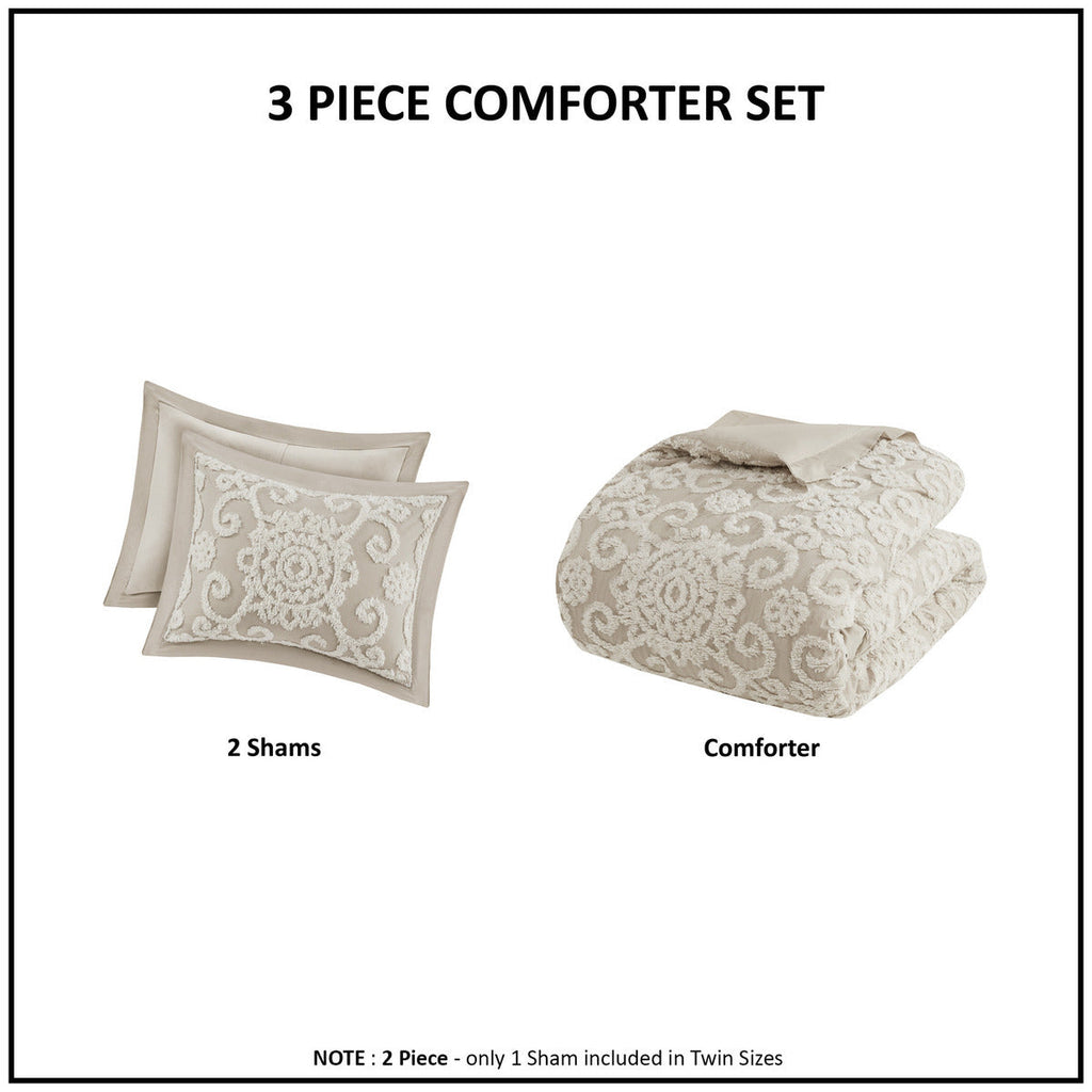 Taupe Cotton Comforter Mini Set with Tufted Chenille Embroidery - King
