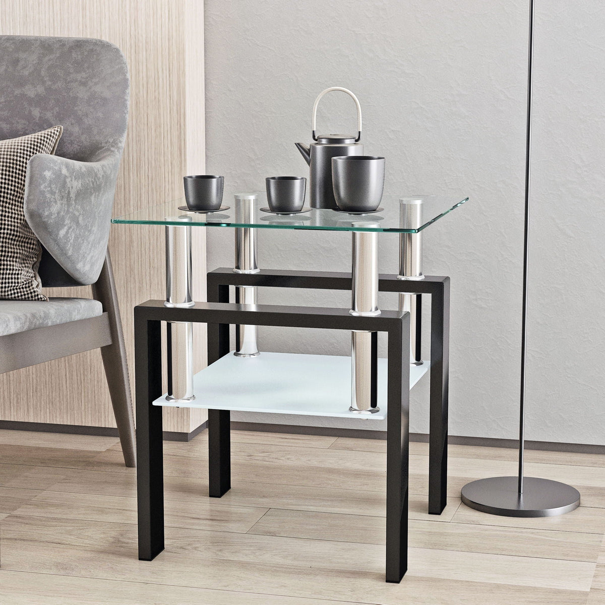 Modern Tempered Glass End Table with Metal Frame - Black or White