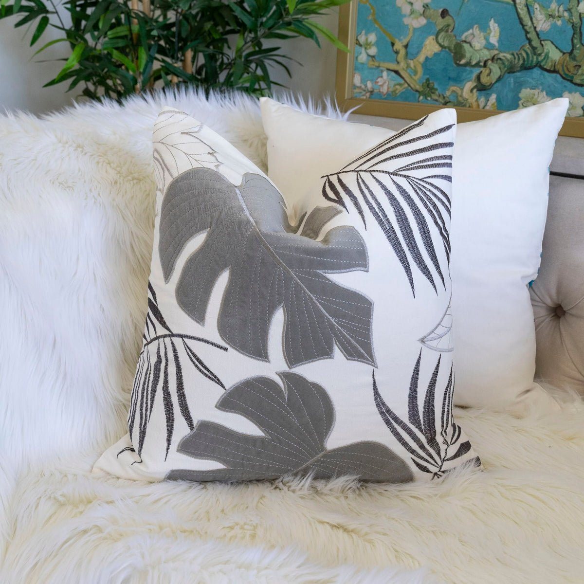 Autumn Vibes Leaf Accent Pillow with Soft Texture - Green, Dark Gray, Light Blue, Yellow, Orange