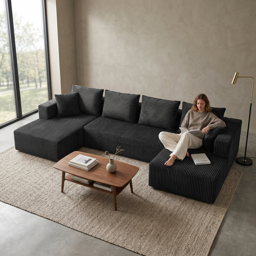 132.1 Inch U-Shaped Corduroy Modular Sectional Sofa - Gray