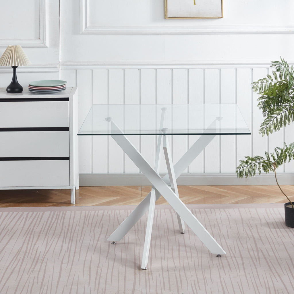 Modern Tempered Glass Dining Table with Cross Metal Legs - Multiple Colors