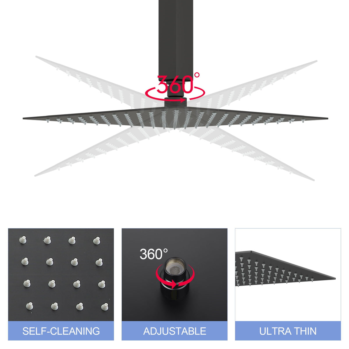 10" Square Rainfall Shower Head with 360° Adjustability – Multiple Colors