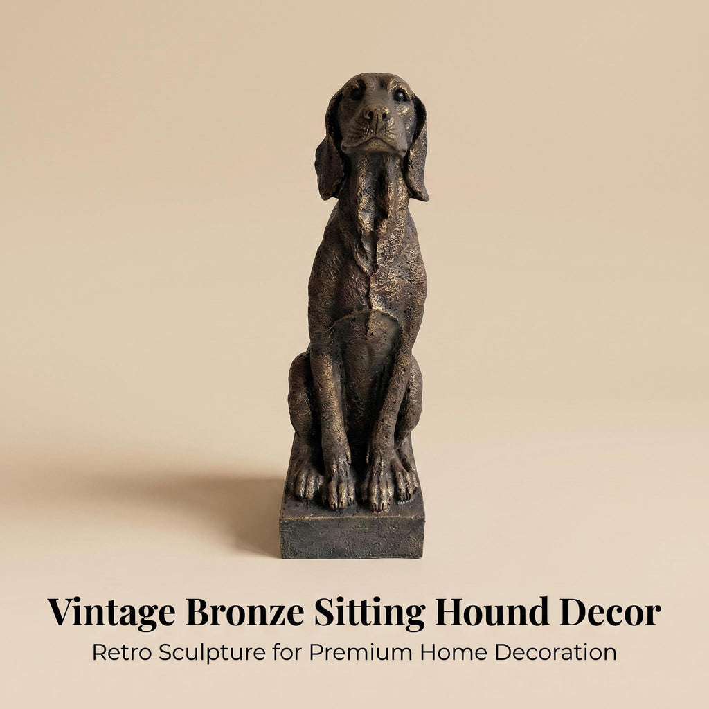 Vintage Bronze Sitting Hound Dog Statue with Antique Finish - Bronze