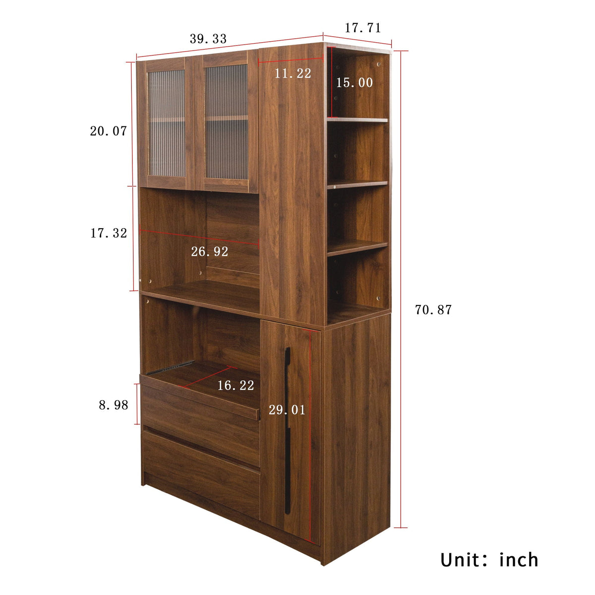 Tall Kitchen Pantry Cabinet with 4 Tier Side Shelf - Walnut