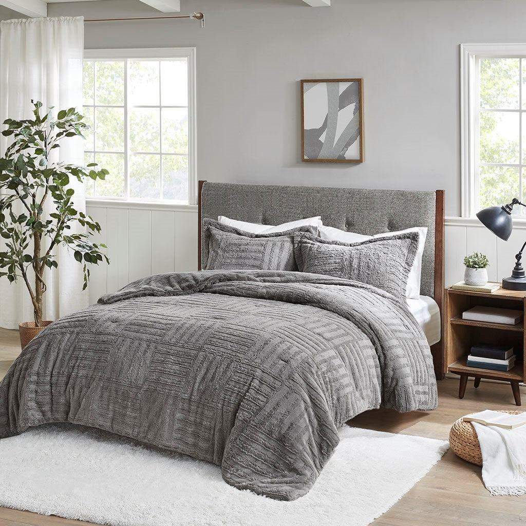 Grey Fur Down Alternative Comforter Mini Set with Checkerboard Texture - Grey