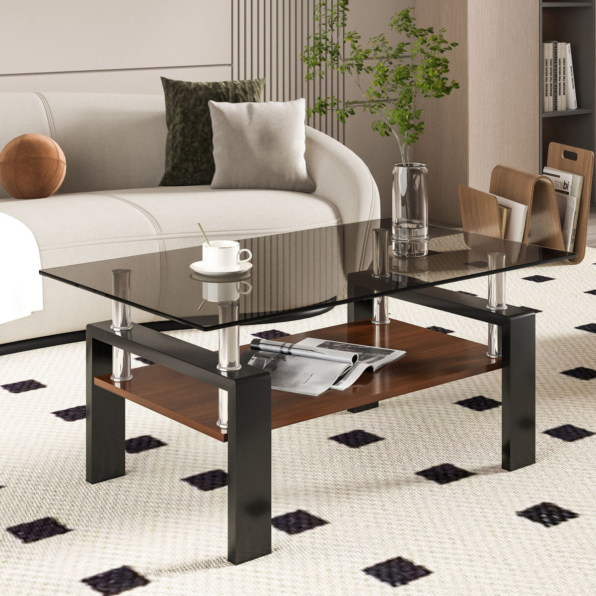 Modern Rectangular Coffee Table with Glass Top and Storage Shelf - White, Gray, Dark Gray, Dark Brown