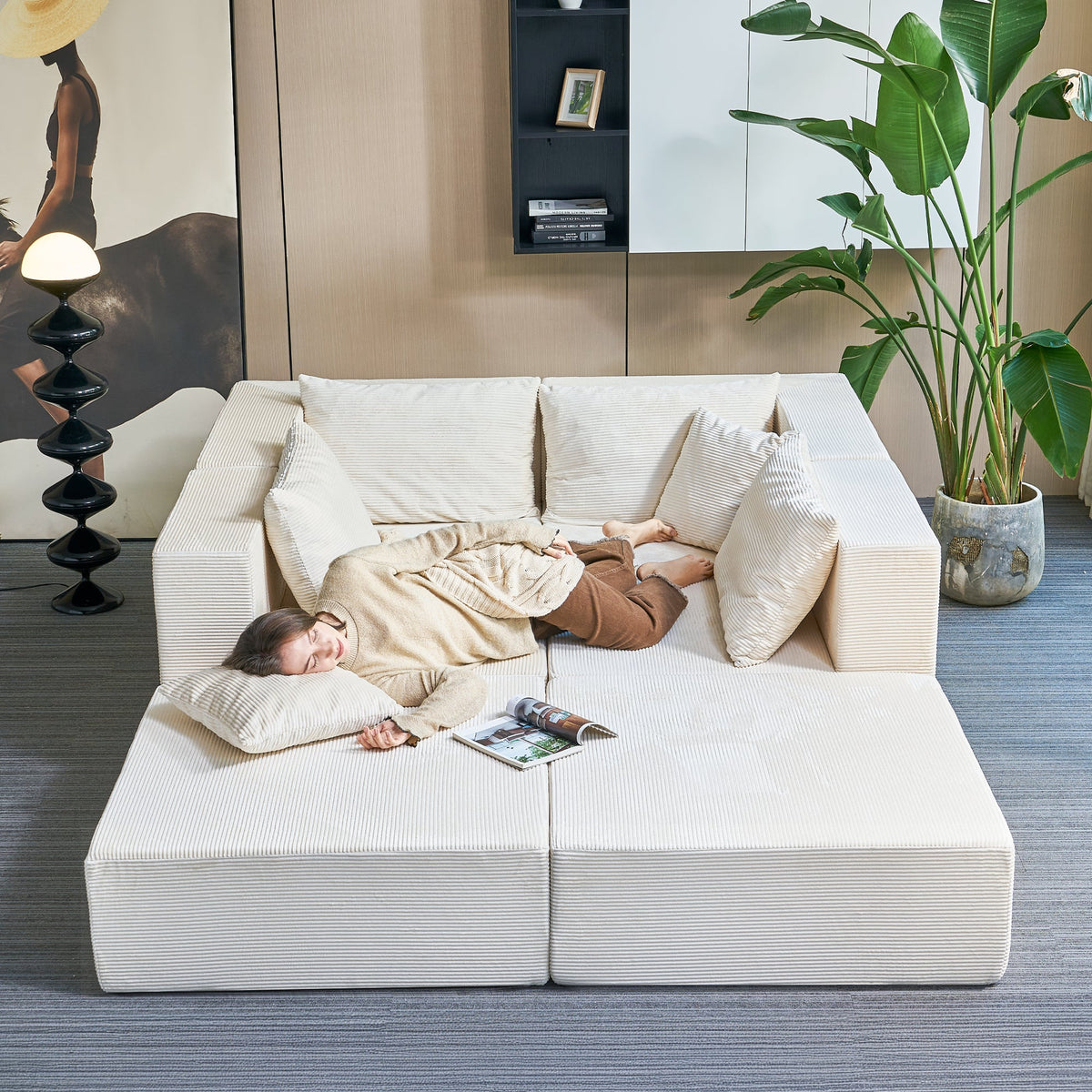 140" Modular Sectional Sofa Bed with Convertible U-Shaped Design - Corduroy