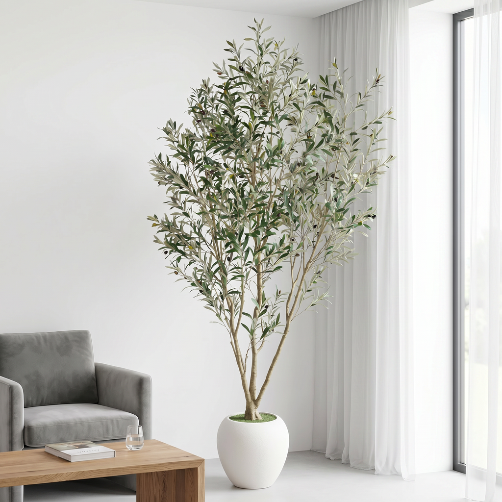 8FT Artificial Olive Tree with Decorative White Planter - Green Leaves