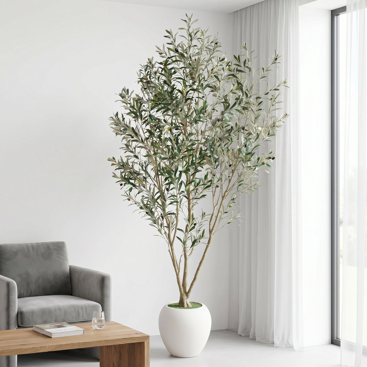 8FT Artificial Olive Tree with Decorative White Planter - Green Leaves