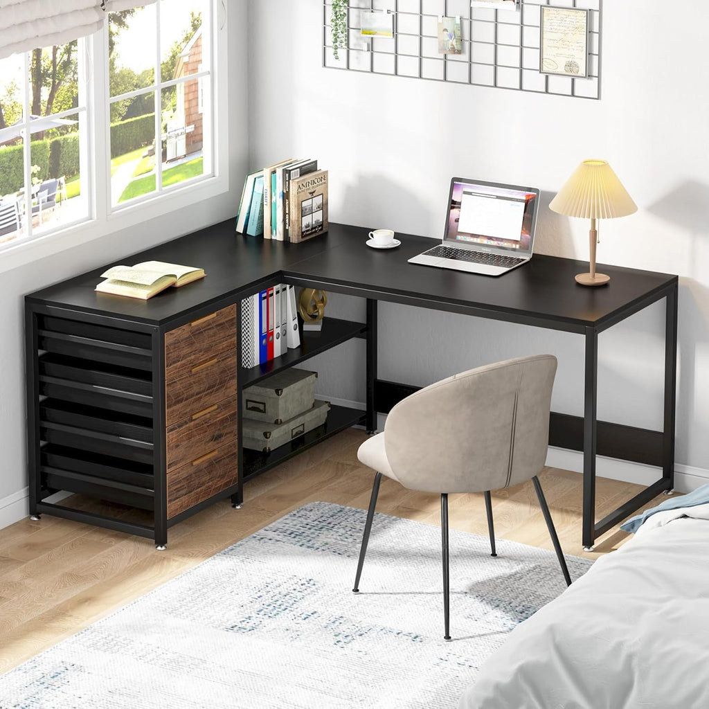 L-Shaped Computer Desk with Drawers and Shelves - Black or Dark Brown
