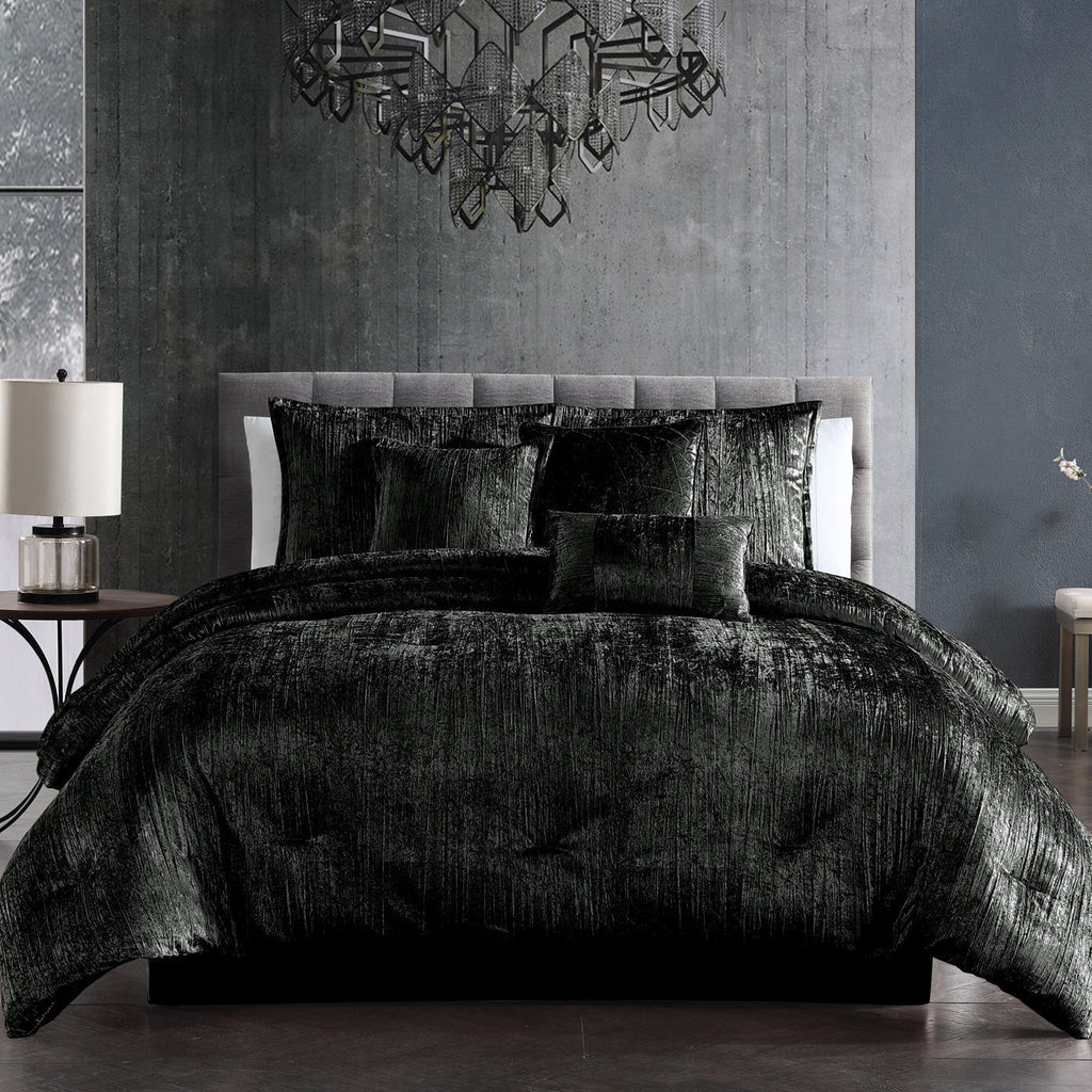 Black Crinkle Velvet Comforter Set with Plush Fill - 7 Piece