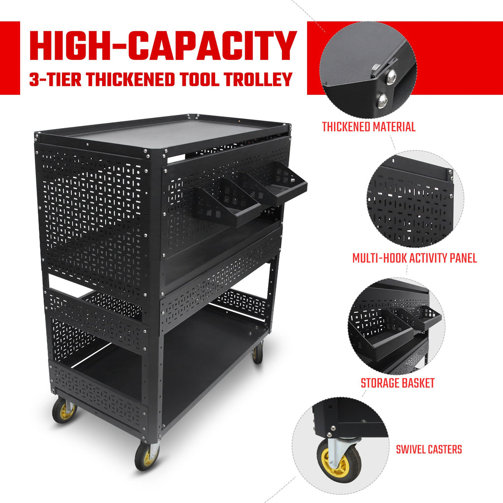 3-Tier DIY Detachable Utility Cart with Steel Pegboard and Wheels