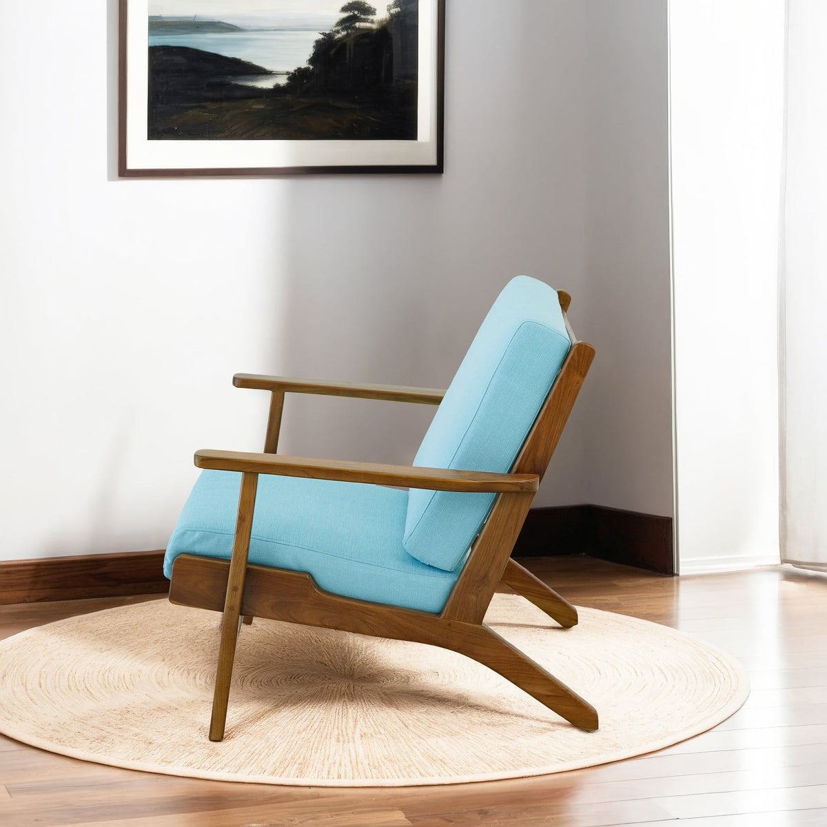 Genuine Lounge Chair with Solid Wood Frame - Beige, Green, Light Blue