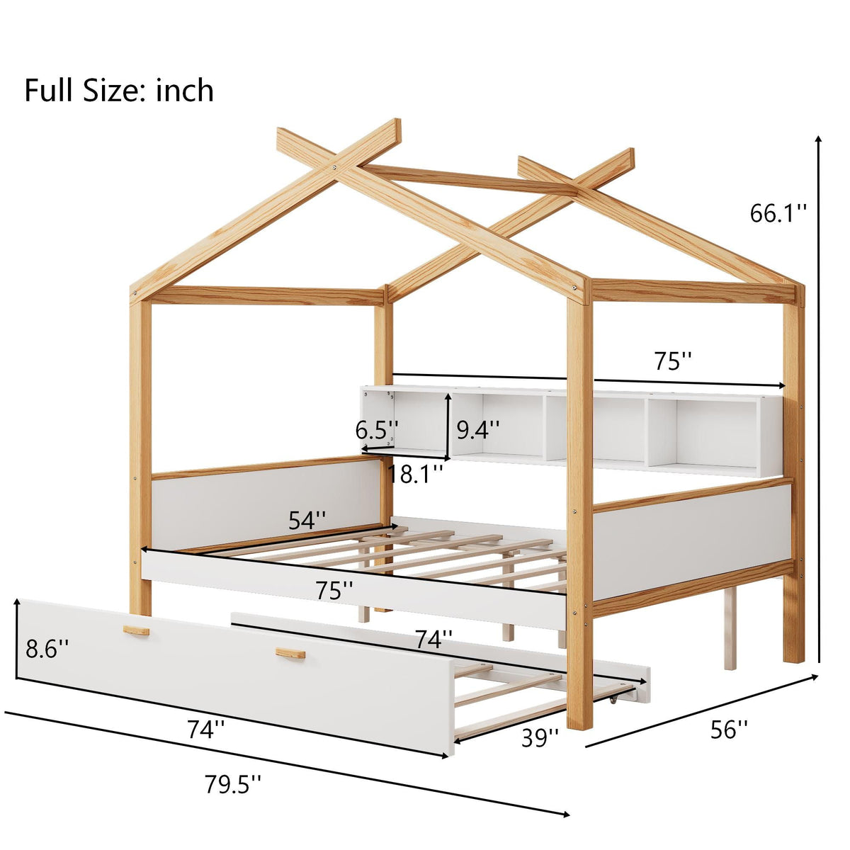 House Bed With Bookshelf Storage and Integrated Shelves - White