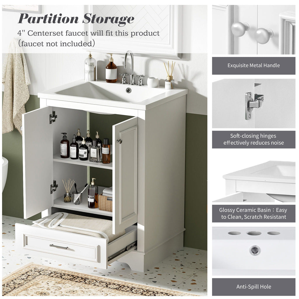 Modern Bathroom Vanity with Ceramic Sink Combo and Storage Cabinet - Multiple Colors