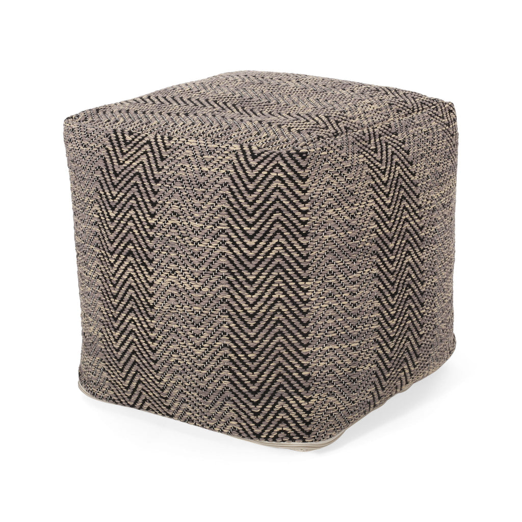 Handcrafted Cotton Pouf with Chevron Pattern - Brown