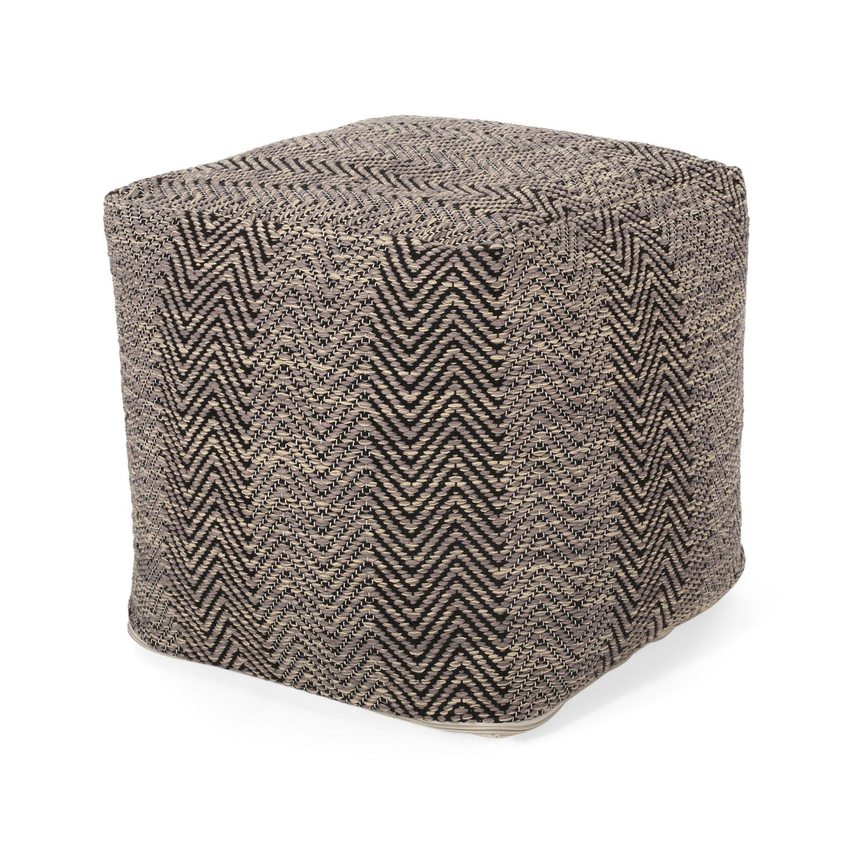 Handcrafted Cotton Pouf with Chevron Pattern - Brown