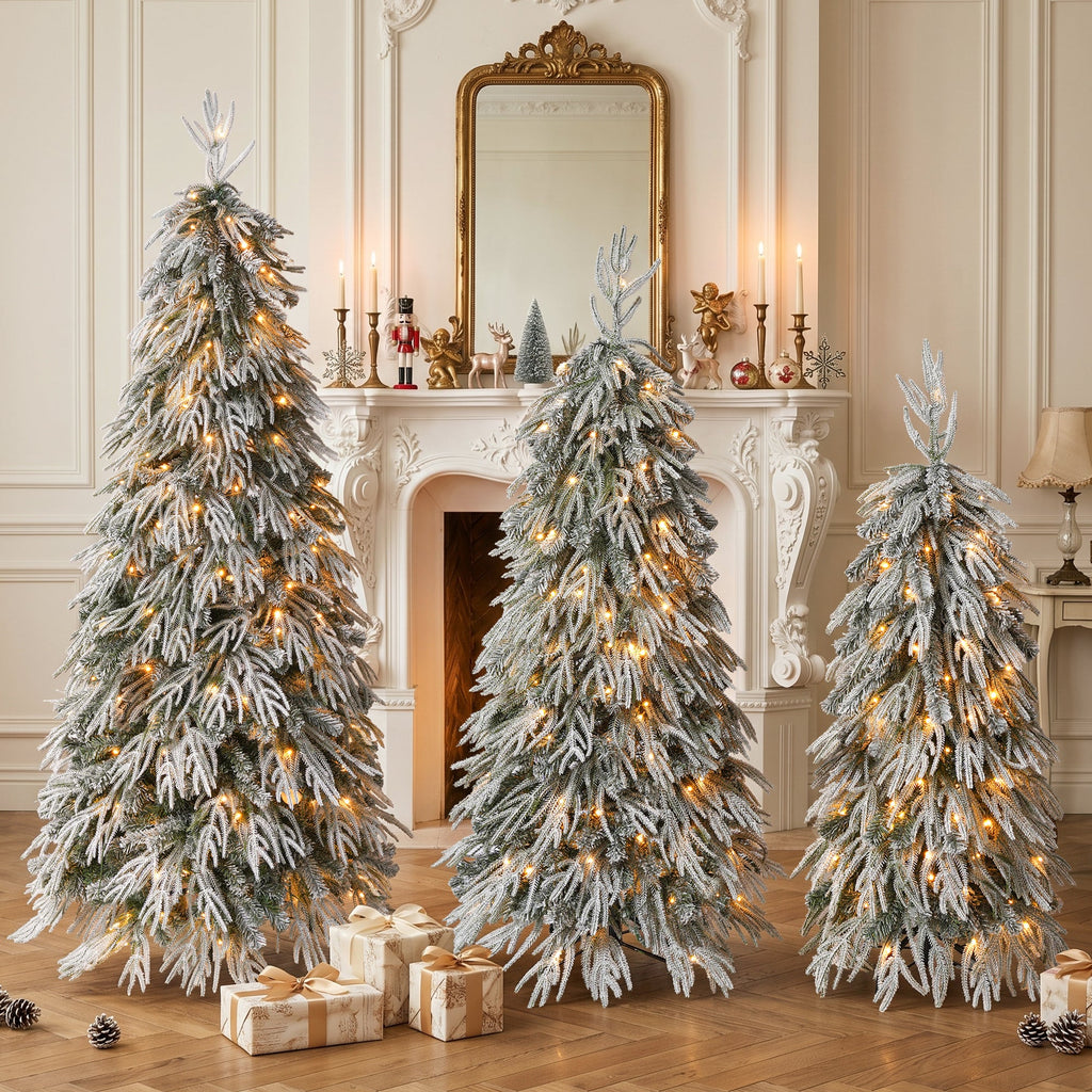 Snowy Cascading Christmas Trees 3-Piece Set with Flocked Hinged Branches - White