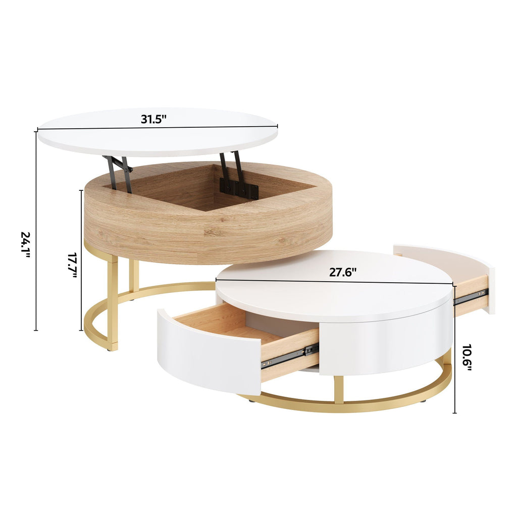 Modern Round Nesting Coffee Tables with Lift-Top and 2 Drawers - White or Black