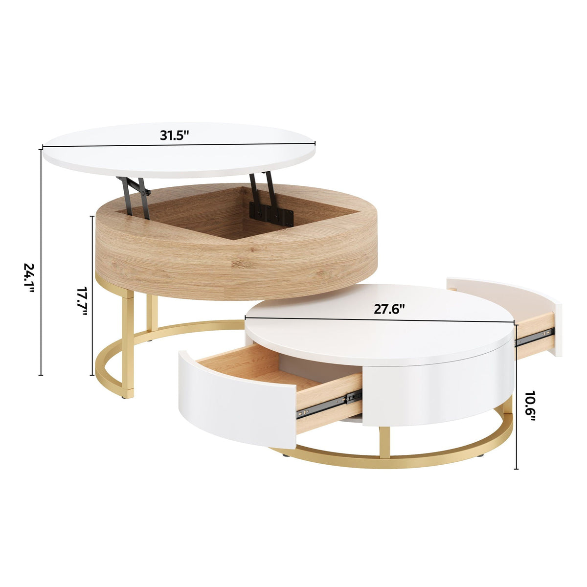 Modern Round Nesting Coffee Tables with Lift-Top and 2 Drawers - White or Black