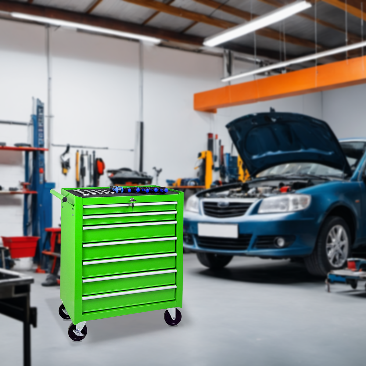Rolling Tool Chest with 7-Drawer Tool Box with Steel Construction - Green