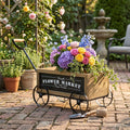 Rustic Wooden Wagon Planter with Metal Wheels - Brown Black