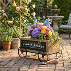 Rustic Wooden Wagon Planter with Metal Wheels - Brown Black