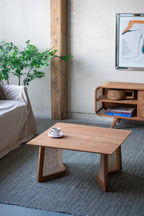 Teak Coffee Table with Teak and Rattan Construction - Natural Wood / Brown