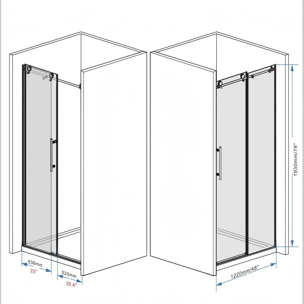 Frameless Shower Door with Tempered Glass - Black