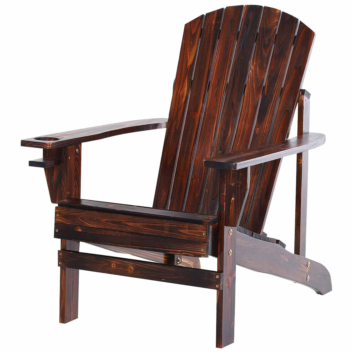 Wooden Adirondack Chair Patio Seating with Cup Holder - Natural Wood
