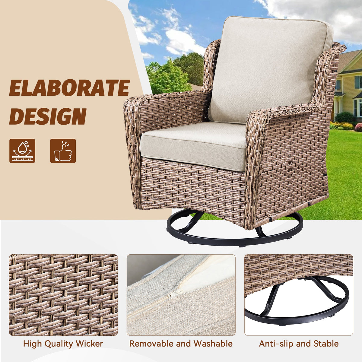 2-Person Outdoor Wicker Swivel Rocker Seating Group with Cushions - Beige or Blue