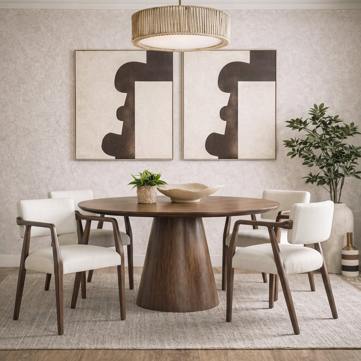 Mid-Century Rubber Wood Upholstered Dining Armchair Set of 2 - Beige