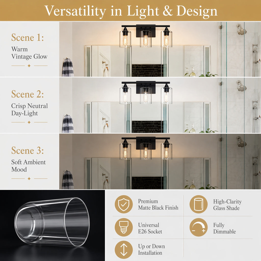 3-Light Matte Bathroom Vanity Wall Light with Clear Glass Shades - Black